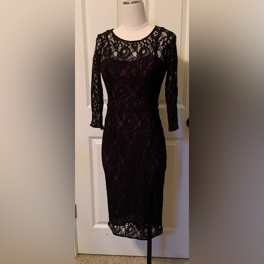 NWT Black Lace 4 Pencil French Connection LBD Lined Purple Acai 3/4 Slv Dress